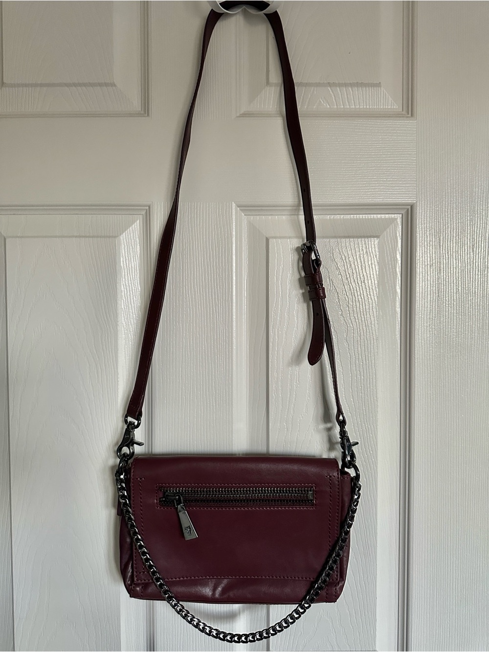 Frye Lena Leather Zip Flap Crossbody Bag Burgundy Wine Gunmetal Chain